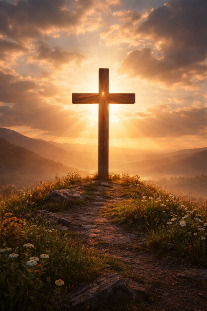 cross on a hill with the sun shining from behind