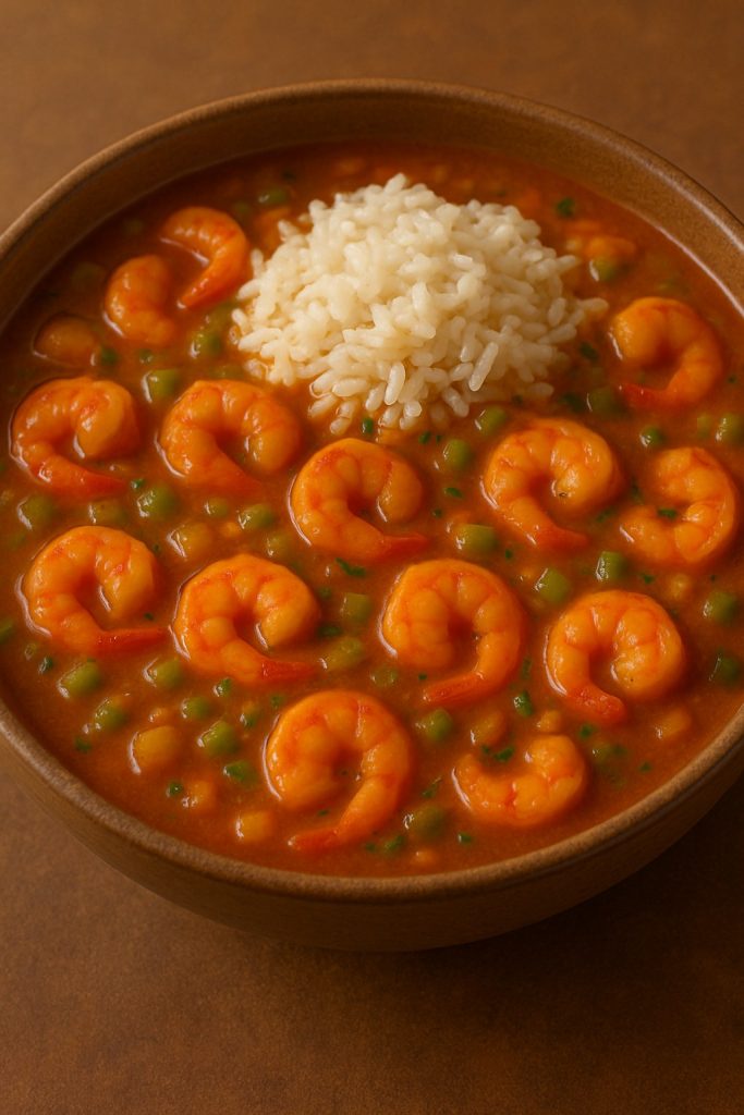 shrimp etouffee in a bowl with rice