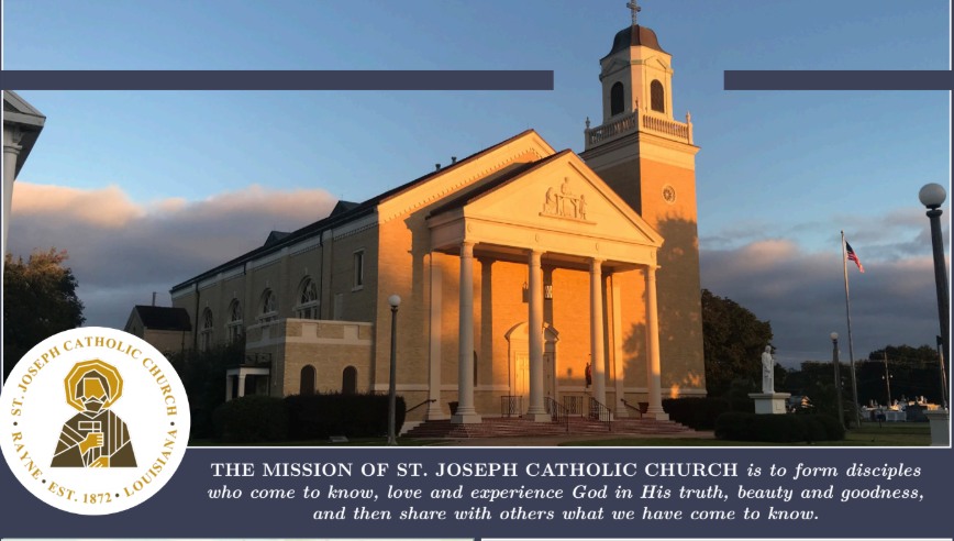 brick church building with four columns out front with logo and wording along the bottom of the image