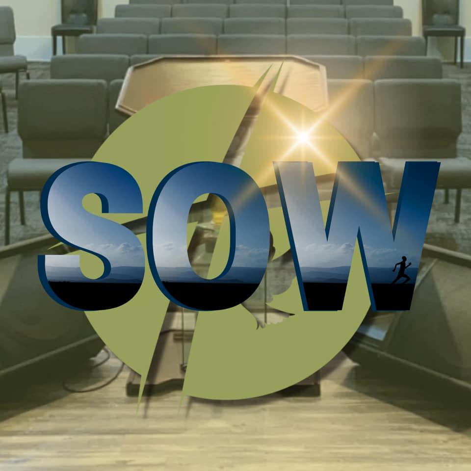 Logo with the letters SOW in the front on a background of church chairs lined up