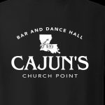 Cajun's Dance Hall logo features shape of Louisiana and fiddle and accordion