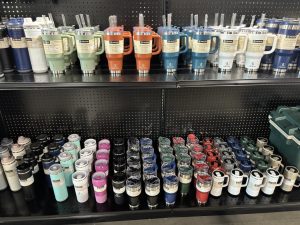 store display of insulated tumblers in a variety of colors