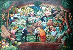 mural of many frogs at an elegant event