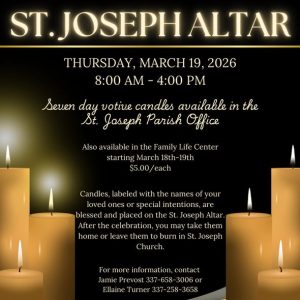 St. Joseph Altar information on a black background with images of candles