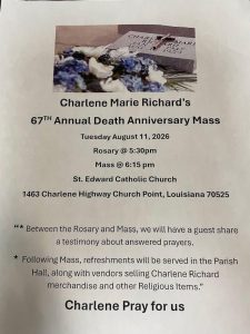 Informational flyer about Charlene Richard's death anniversary mass
