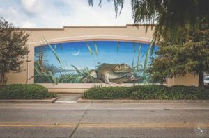Side of a building with large frog mural