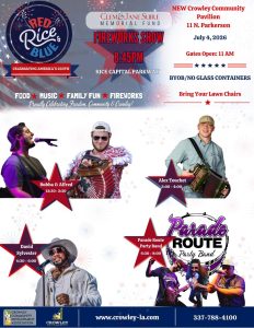 Informational flyer for City of Crowley, Louisiana's July 4th celebration, Red, Rice & Blue