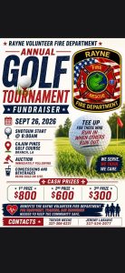 Informational flyer about upcoming golf tournament benefitting the Rayne Fire Department