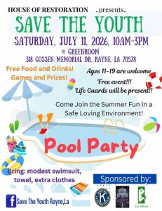 Informational flyer about a pool party for kids