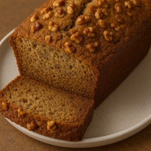 loaf of banana nut bread on plate, crushed nuts on top