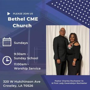 flyer with blue background and imbedded picture of well-dressed couple, features information about Bethel CME Church's services
