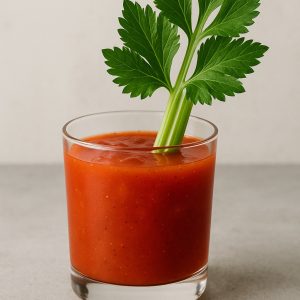 bloody mary in a rocks glass with a celery stalk to stir