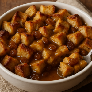 bowl of bread pudding with chunks of bread on top