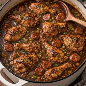 chicken and sausage gumbo in a pot with wooden spoon