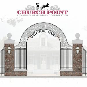 Church Point Community Development Corporation logo featuring open gate with Central Park in iron on the gate