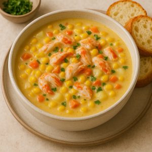 bowl of corn and crab chowder with sliced bread on the side