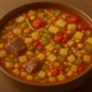 beef and vegetable soup in a bowl