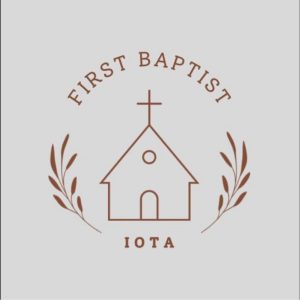 outline of church building, rice stalks on the side, First Baptist, Iota