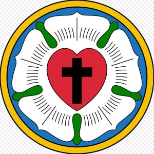 image of the Luther Rose, black cross in the center of a red heart, surrounded by a five-petaled flower