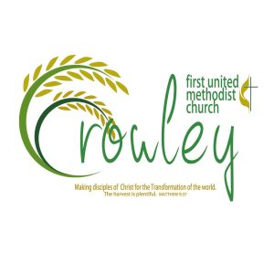 First United Methodist Church of Crowley logo, Crowley featured prominently with rice stalks