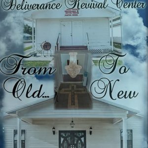 two images of a white, wooden church building