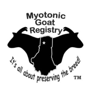 black logo on a white background with two goat heads. Words read, "Myotonic Goat Registry, it's all about preserving the breed."