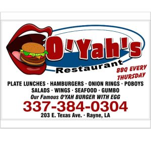 O'Yah's Restaurant Logo features an open mouth eating a buger