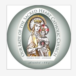 Our Lady of the Sacred Heart church logo featuring image of Virgin Mary holding baby Jesus