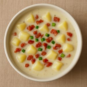 bowl of potato soup topped with bacon bits and green onions