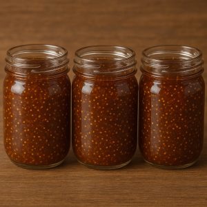 three jars side by side filled with fig jam, open tops