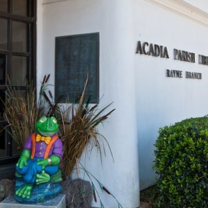 white stucco building with wood and glass front doors and a colorful frog statue