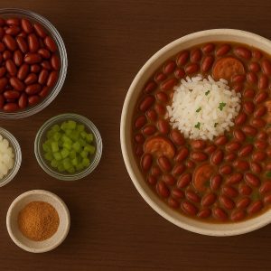 large bowl of red beans, rice, and sausage on the right of the image. Smaller bowls of ingredients to the left.