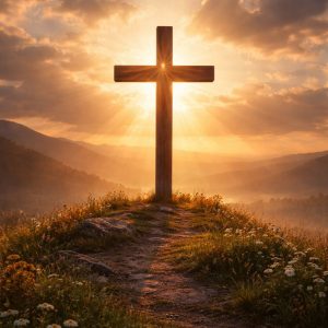 cross on a hill with the sun shining from behind