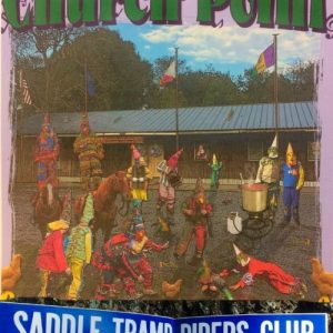 Church Point written across the top, Saddle Tramp Riders Club along the bottom. There's an image in the middle of men in traditional Mardi Gras costumes