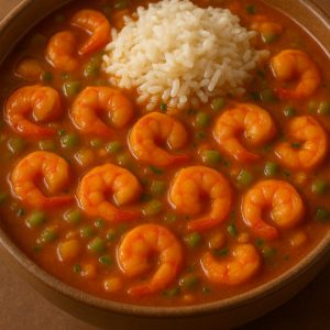 shrimp etouffee in a bowl with rice