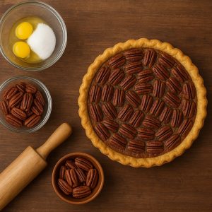 pecan pie on the right with ingredients and rolling pin on the left on a brown background