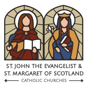 two stained-glass images, side by side, Wording says, St. John the Evangelist & St. Margaret of Scotland Catholic Churches