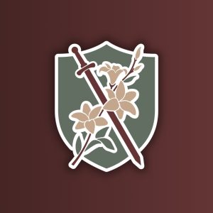 green shield set on a maroon background with flowers and a sword crossed on top
