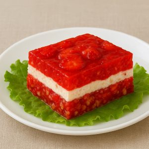 strawberry salad served o a leafof lettuce