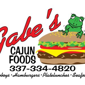 Gabe's Cajun Foods Logo with a frog on a hamburger
